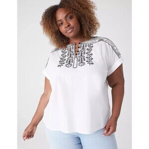 Lane Bryant NWT‎ Short-Sleeve Embroidered Popover Blouse Size 22 white Boho